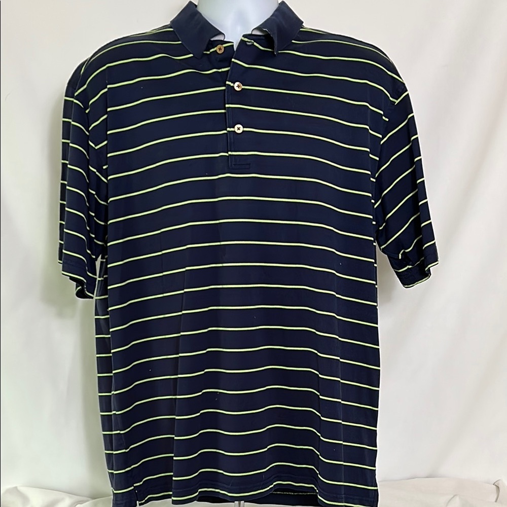Nick Price Golf Shirt Navy Yellow Horizontal Striped Cotton Pullover Polo